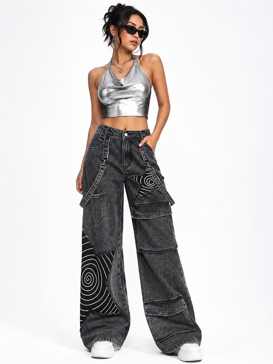 ROMWE Denim - ROMWE Grunge Punk Wide Leg Cargo Boyfriend Jeans Dark Gray Y2K Size 4/S NWOT